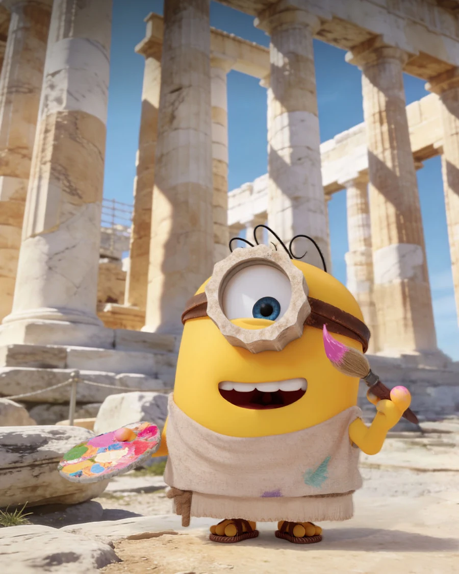 Un minion pintor frente al Partenón
